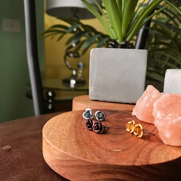 -Multicolor Stud Rose Earrings Trio - Picture 3 of 5